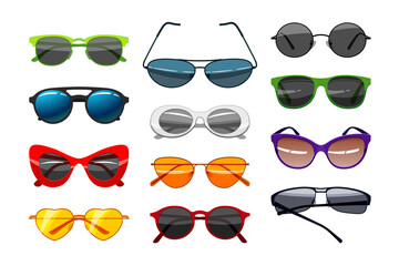 Trendy sunglasses set. Vector illustrations of retro and modern glasses with different shapes and colors. Cartoon accessory collection for eye protection from sun isolated on white. Fashion concept