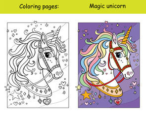 Coloring with template cute unicorn with rainbow mane