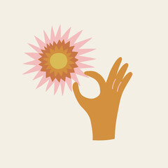 Boho baby celestial human hand holding sun solar vector illustration. Scandinavian decorative childish print for nursery decor and baby fashion.