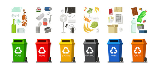 Garbage recycle bins set. Vector illustrations of trash containers classification. Cartoon collection of plastic glass metal organic paper trash for dustbins isolated on white. Environment concept