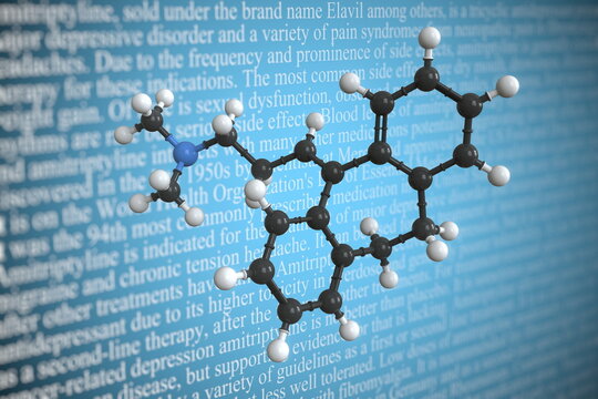 Molecular model of amitriptyline, 3D rendering