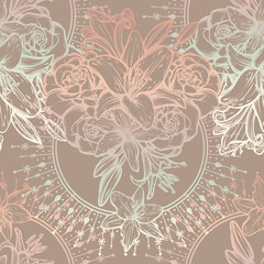 Botanical vector illustration, summer lilium and roses flowers, bouquet of flowers, romantic decoration, Handmade, dark background, seamless pattern