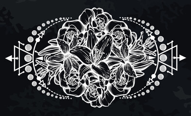 Botanical vector illustration, summer lilium and roses flowers, bouquet of flowers, romantic decoration, print, background  chalkboard, Handmade