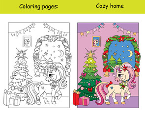 Coloring with template cute unicorn in a cozy house