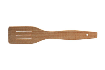 Flat unpainted handmade wooden spatula for mixing, cooking and baking on a white background. Traditional eco-friendly kitchen utensils. Close up organic isolated.