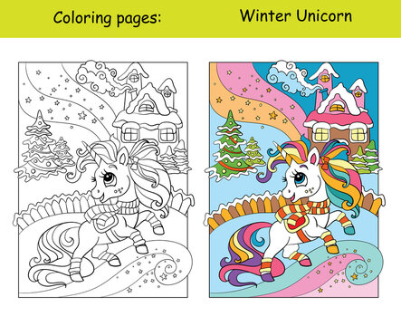 Coloring with template cute unicorn on a winter background