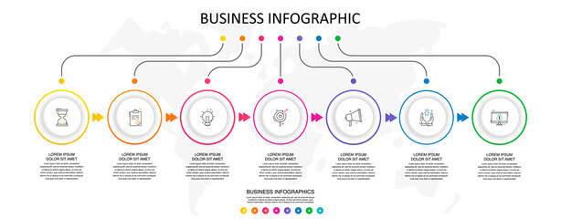 Vector line infographics template for 7 arrows and circles. Business concept with seven elements and icons. Modern blank space for chart, content, step for step, timeline, diagram, web