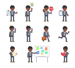 Set of businessman characters in various situations. Man holding document, clipboard, stop sign, talking on phone, running, reading and other actions. Modern vector illustration