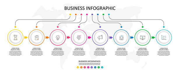 Vector 8 step line infographic labels with icons and squares. Modern timeline concept for chart, levels, web, diagram, banner, presentations, business, diagram, flowchart