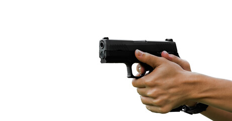 9mm automatic pistol holding in right hand of shooter, concept for security, robbery, gangster, bodyguard around the world. selective focus on pistol.