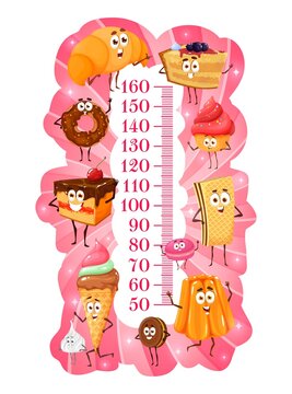 Kids height chart with sweets, dessert cakes and pastry, vector growth meter. Child tall and height measure ruler with cartoon characters of cake and cookies, donuts and ice cream with croissant