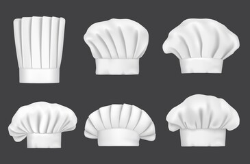 Fototapeta Chef hats, realistic 3D cook caps and baker toques vector mockup. Kitchen chef hats of different shapes, restaurant cook and culinary baker uniform or headwear items, gourmet chef toque obraz