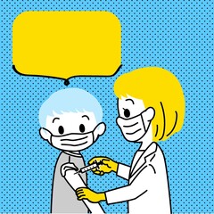 イラスト素材：5～11歳小児への新型コロナワクチン接種開始（小児接種/主線あり/単色/吹き出し）
