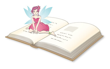 開いた本の上に座っている水色の羽の妖精　文字あり