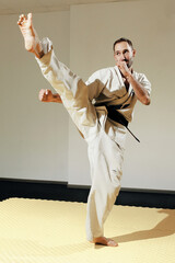 one man martial arts karate trainers banner in fighting stance