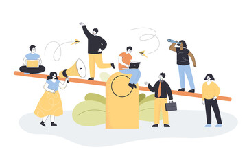 Business people on scale flat vector illustration. Men and women balancing on swing. Company people trying to keep equilibrium. Employee comparison, teamwork concept