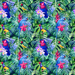 Palm leaves, tropical flowers orchid and parrots watercolor botanical. Seamless patterns.