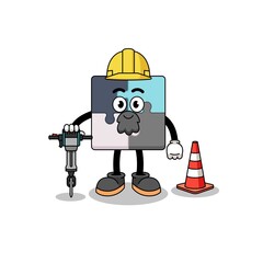 Character cartoon of jigsaw puzzle working on road construction