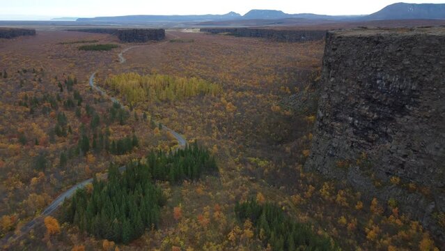 Asbyrgi canyon drone view on autumn, Iceland