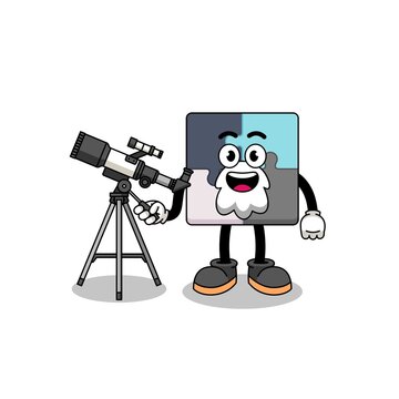 Illustration of jigsaw puzzle mascot as an astronomer