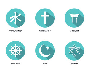 World religion symbols. Signs of major religious groups and religions. Christianity, Islam, Confucianism, Buddhism, Shinto, and Judaism, with English labeling. set of icons
