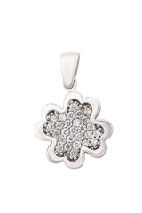 Golden necklace with crystals on white background, yellow gold pendant flower shape
