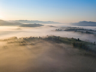 Morning fog in the Ukrainian Carpathians. Aerial drone view.