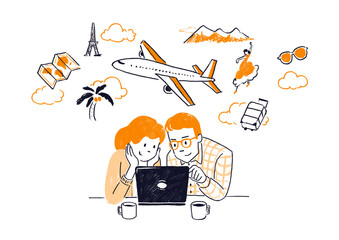 PCを見ながら旅行の計画をするカップル © naomi iwase