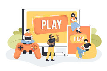 Fototapeta na wymiar People playing video game on mobile phone and computer. Men and women playing console, using various hardware devices, laptop or tablet flat vector illustration. Cross-platform play concept