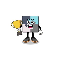 Cartoon mascot of jigsaw puzzle holding a trophy