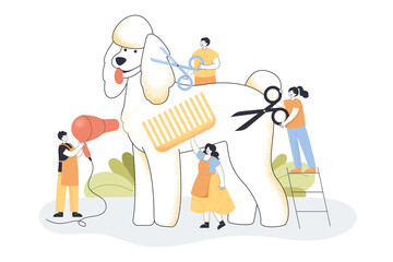 Tiny people trimming huge dog flat vector illustration. Man and women cutting animal wool, combing and drying with hair dryer at groomer salon, taking care of happy dog. Pet grooming service concept