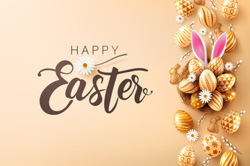 Easter poster and banner template with Golden easter eggs in the nest,cute bunny ears.Greetings and presents for Easter Day in flat lay styling.Promotion and shopping template for Easter