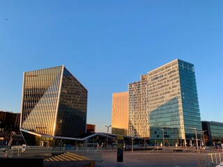 Modern architecture in business district Kirchberg at sunset. Luxembourg. - obrazy, fototapety, plakaty