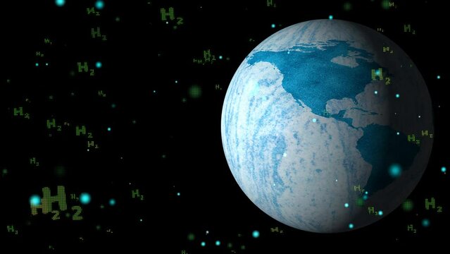 Global marble light blue mineral texture with H2 digital text particles flying on black screen ,concept green hydrogen clean energy all the world