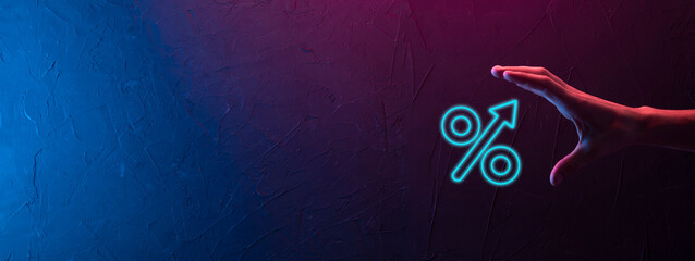 Increasing percentage icon.Profit high growth arrow and percent icon.profit increase arrow up symbol.Interest rate, stocks, financial, ranking, mortgage rates and Cut up concept.The economy improving.