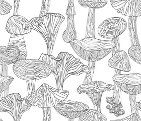Fungi graphic background, Vector lineart mushrooms seamless pattern - 492746388