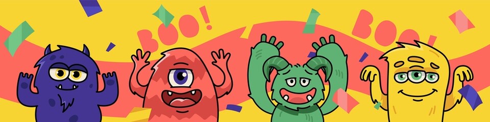 Cute funny monsters are trying to scare you. Illustration for children