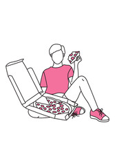 Woman sits with a pizza box and eating it. Minimalism. Lin art and pale pink color. Vector graphic.