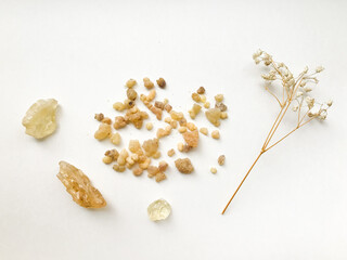 Obraz na płótnie Canvas Set of natural resins and twigs of dried flowers , frankincense close-up on a white background 