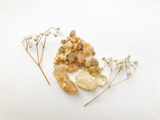 Set of natural resins and twigs of dried flowers , frankincense close-up on a white background	 - obrazy, fototapety, plakaty