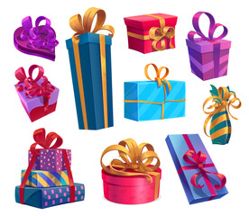 Christmas, birthday and Valentine gifts or presents. Holiday vector boxes with curly bows. Cartoon giftboxes for Valentines day, Xmas or birthday festive event celebration, isolated objects set