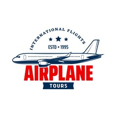 Airplane tours, airline travel icon. Vacation tours aircraft flight, aviation tourism vector symbol, retro icon with passenger airliner, plane side view silhouette and typography