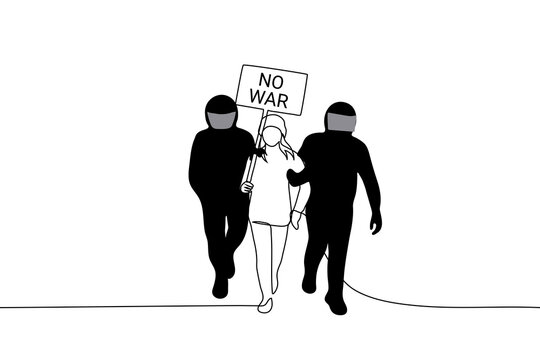 Two Police Officers In Uniform Lead Woman Away With NO WAR Placard - One Line Drawing Vector. Concept Of Detention, Arrest Of Citizens Who Are Against The War And Pressure Of Anti-militarist Protests