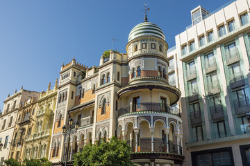 View of the Adriatica building with its decorated facade in Seville