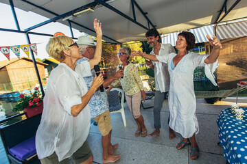 Senior people singing karaoke celebrating birthday in the cottage on the river.