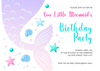 Mermaid party invitation template. Cute illustration of mermaid tail, sea shells and star fish. Birthday concept. Vector 10 EPS.