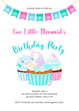Mermaid party invitation template. Illustration of three creamy cupcakes and bunting flags. Birthday concept. Vector 10 EPS.