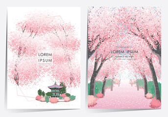 Vector editorial design frame set of Korean spring scenery with cherry trees in full bloom. Design for social media, party invitation, Frame Clip Art and Business Advertisement	 - 492749336