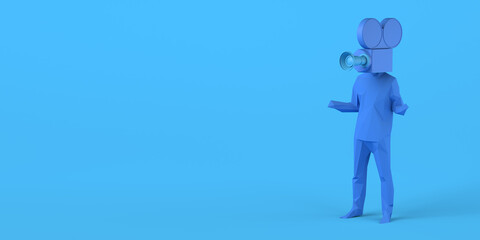 Man with video camera instead of head. Multimedia and technological society. 3D illustration. Copy space.