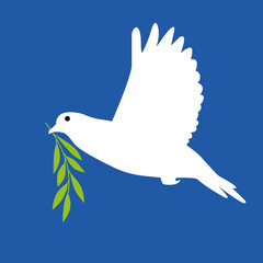 White dove in flight holding an Olive Branch. Vector Concept illustration